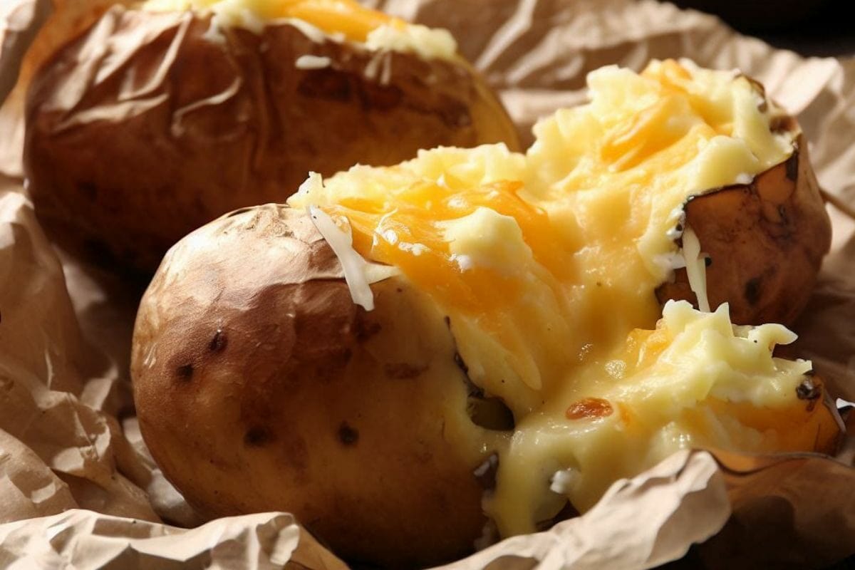 Baked Potatoes with Crème Cheese on Baking Sheet