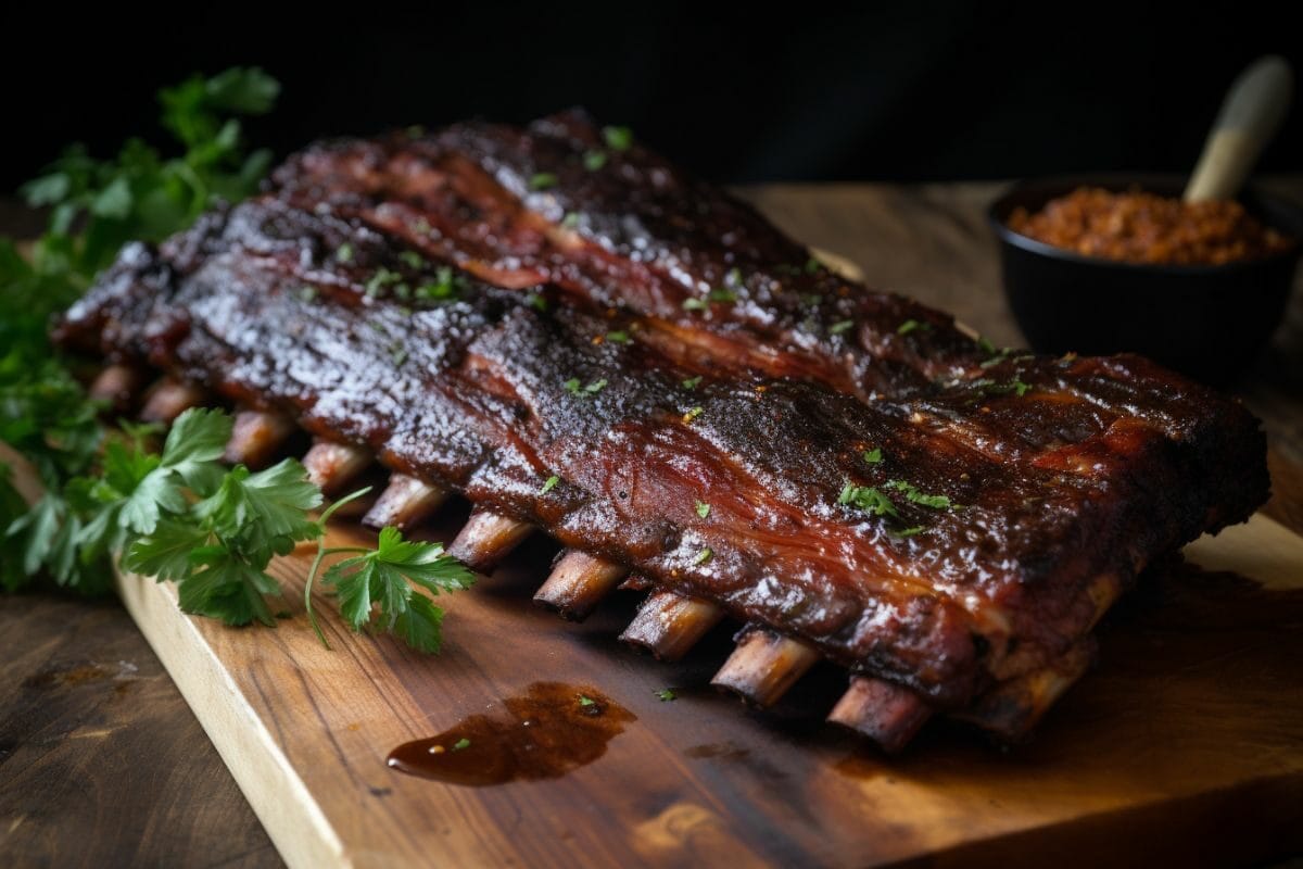 close up of baby back ribs on a wooden board