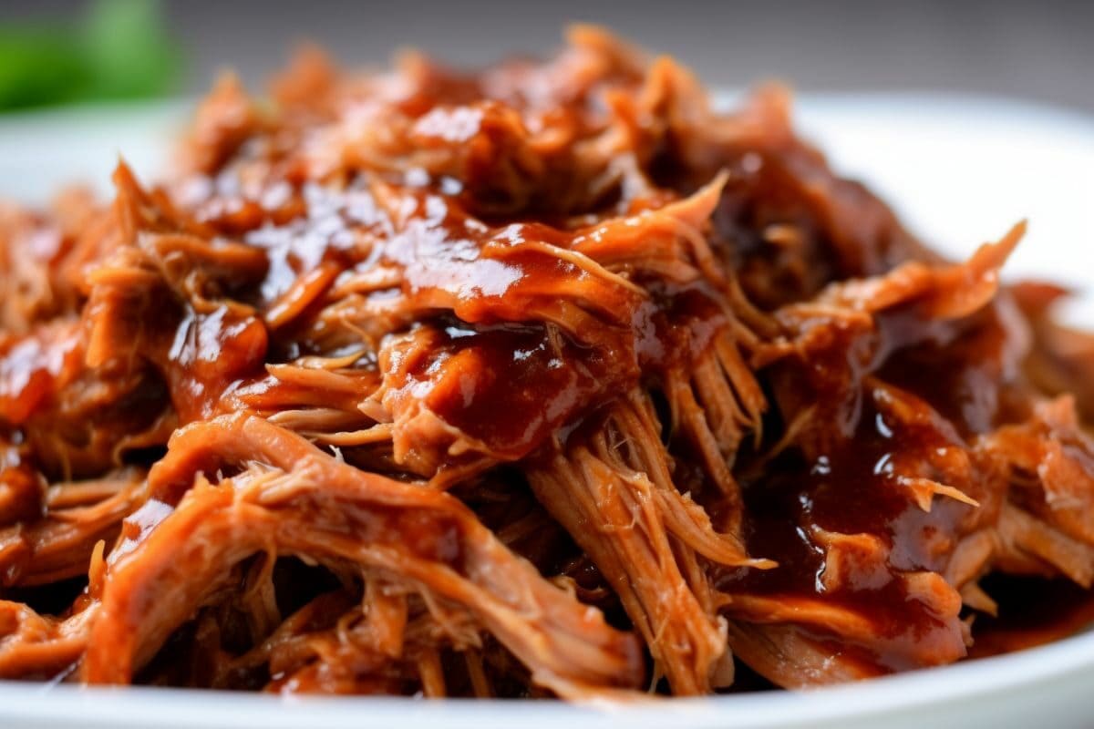 close up of pulled pork with sauce on a white plate