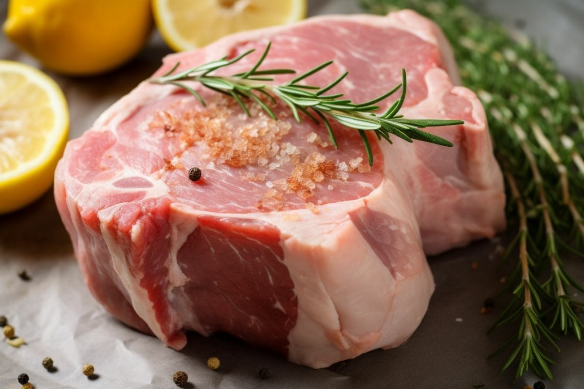 raw pork shoulder with herbs and lemon