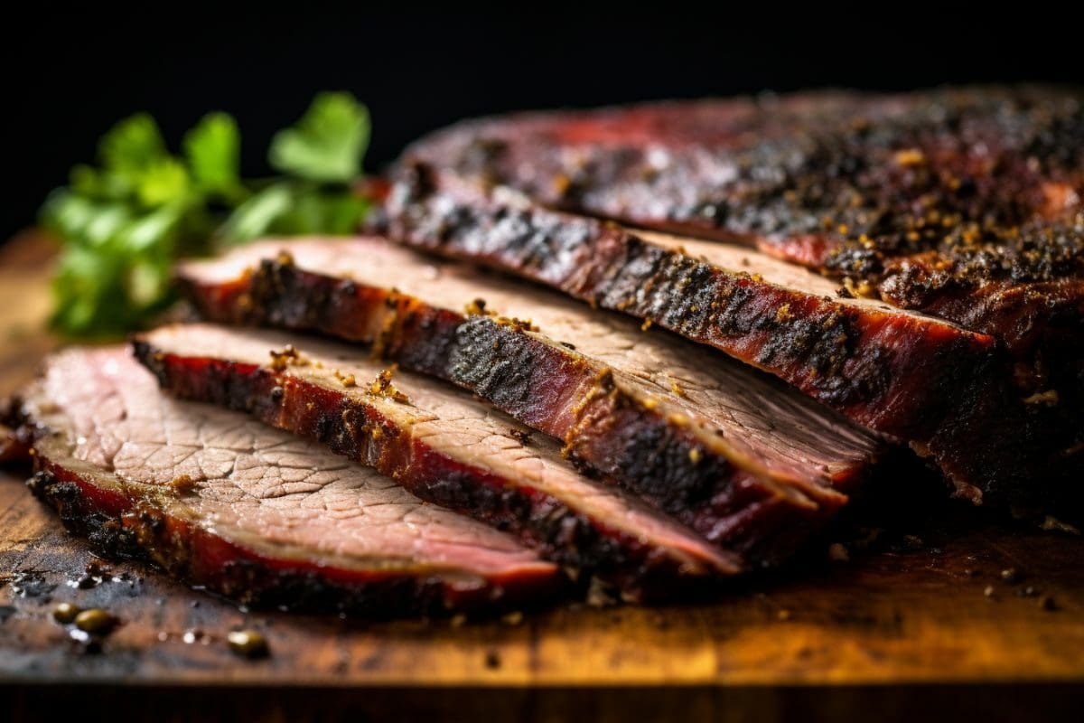 Slices of Smoked Brisket on the Wooden Board