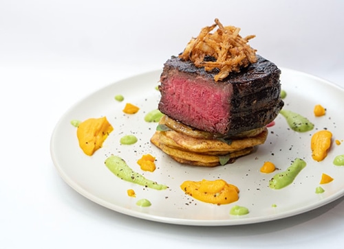 steak with carrot puree
