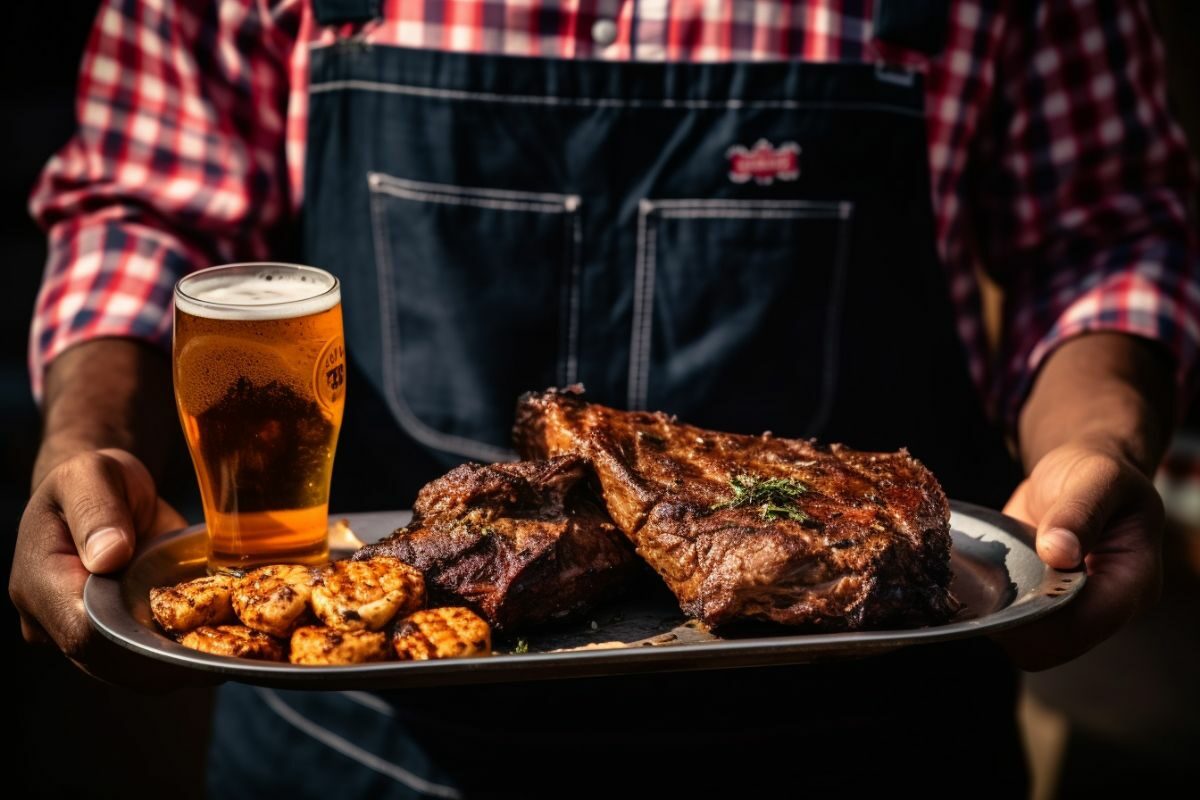 Man Holding a Tray with Grilled Meat and Beer