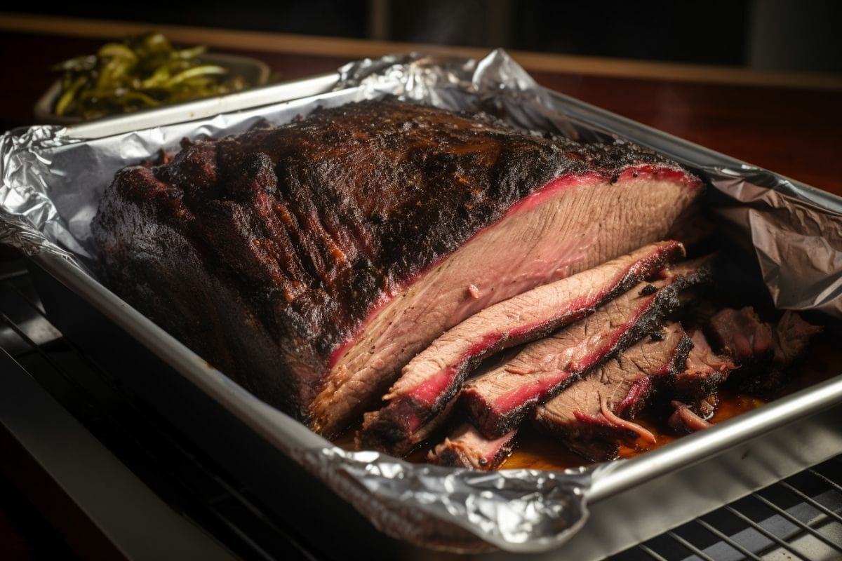 Smoked brisket in a foil tray