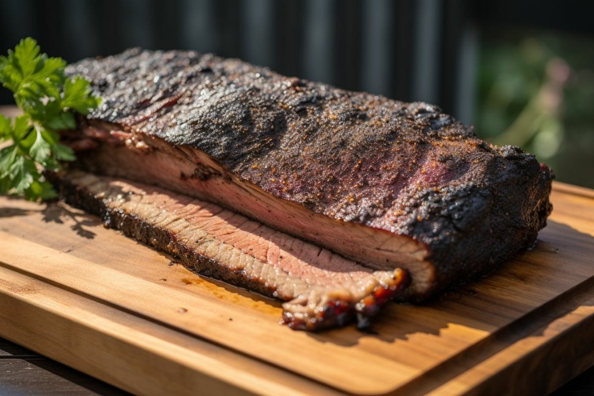Smoked brisket outdoors on a cutting board