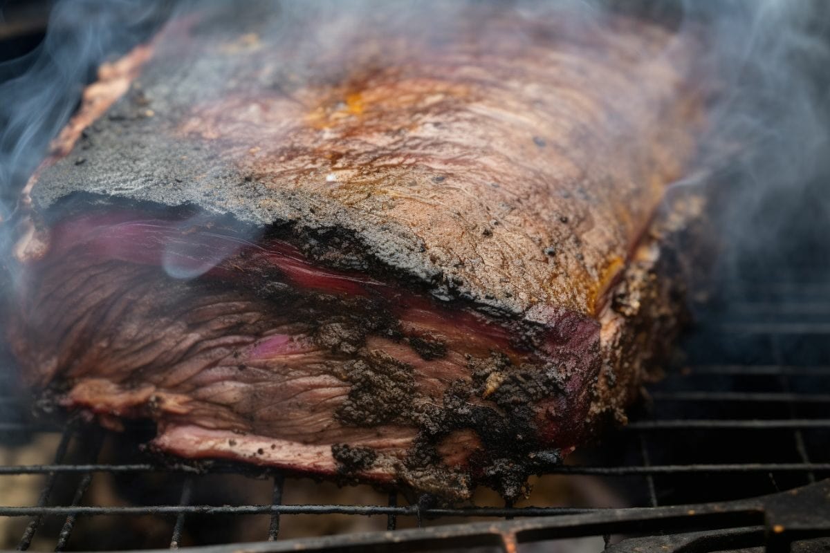 beef brisket on a grill with smoke