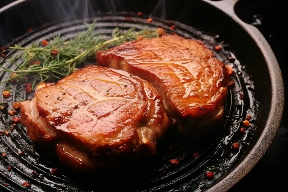 Juicy Smoked Pork and Rosemary Leaves on the Skillet