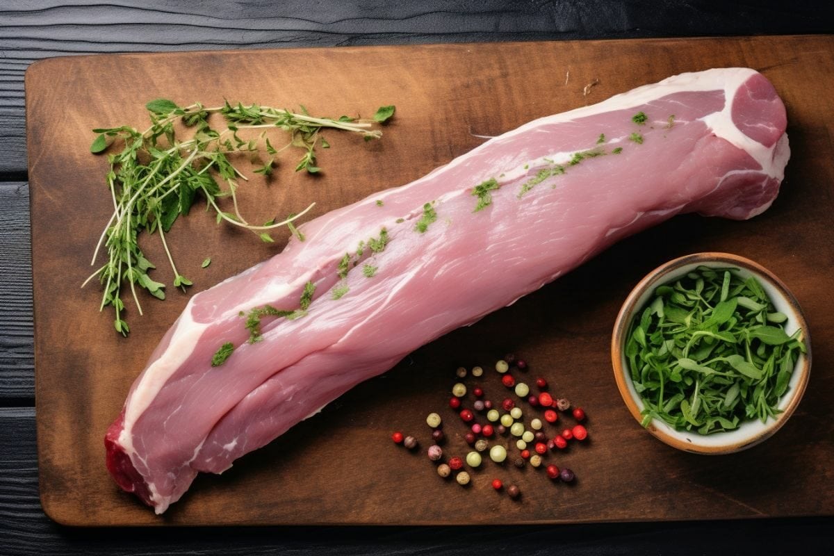 Uncooked Pork Tenderloin with Leaves and Herbs
