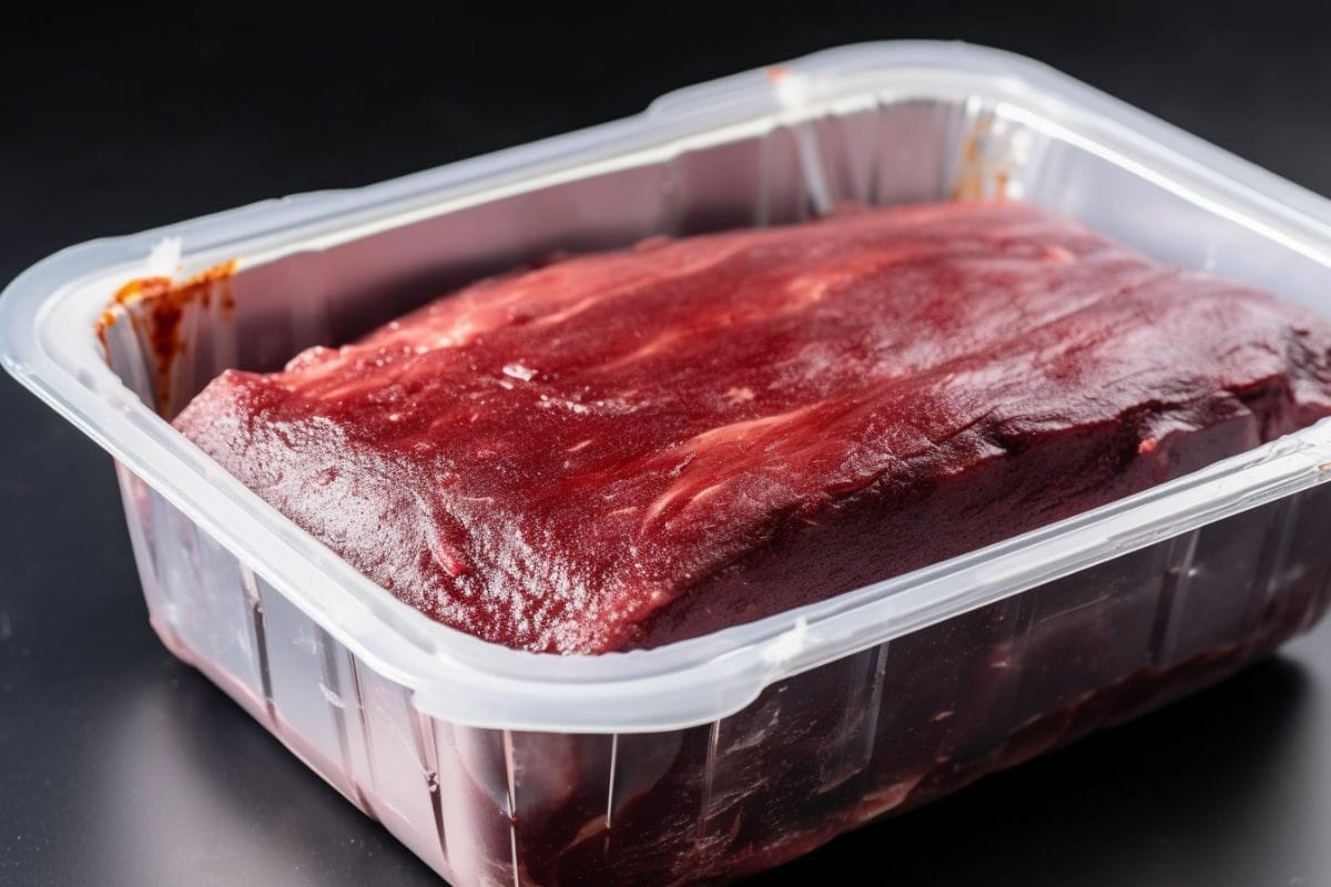 frozen brisket placed inside a container
