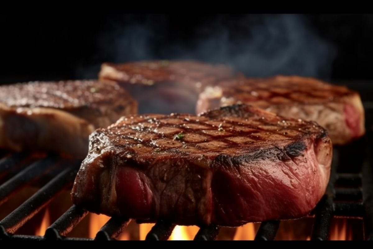 steaks grilling on a pallet grill with smoke