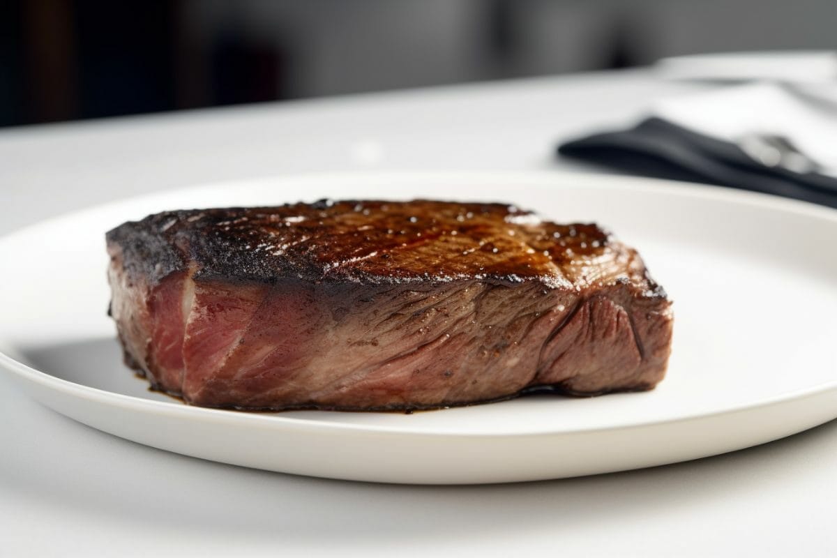 cooked steak on a white plate