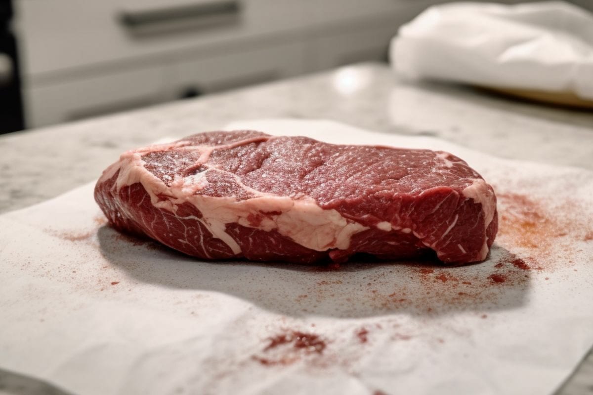 raw steak on a kitchen counter