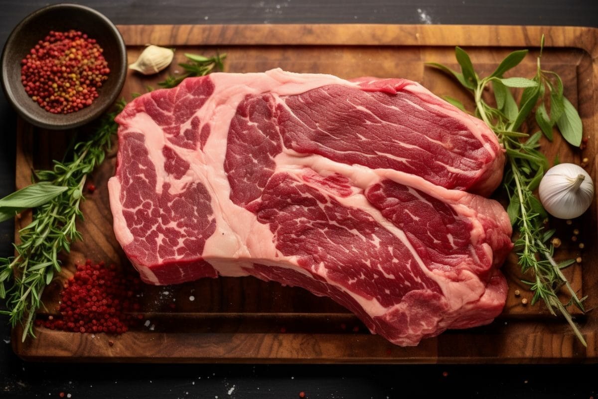Raw Delmonico Steak on a chopping board