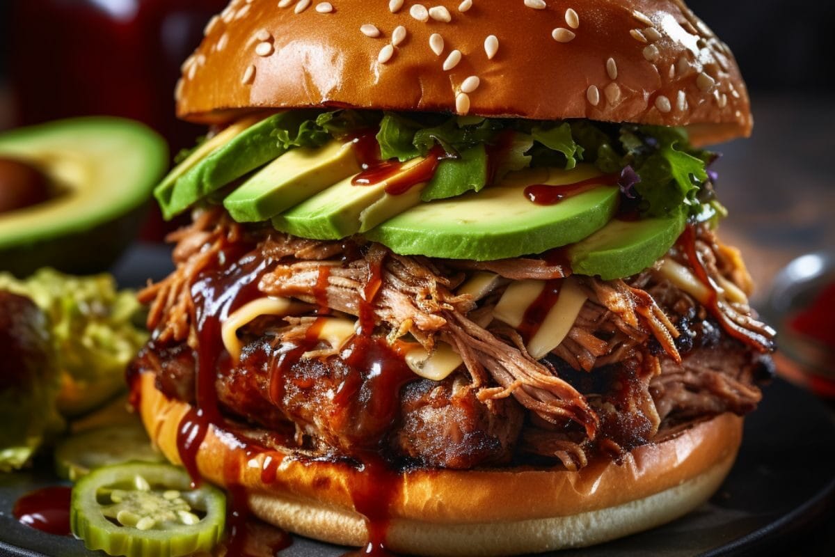 Pulled Pork Burger with Avocado Slices