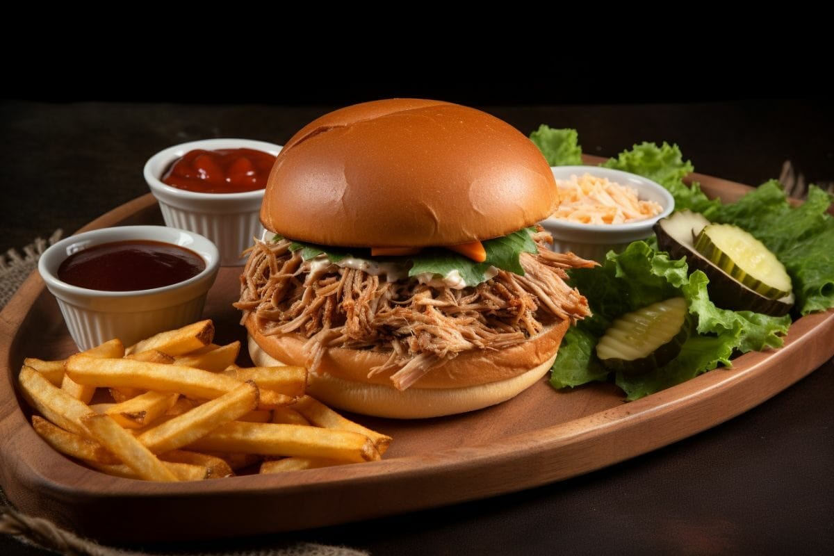 a sandwich with pulled pork and sides