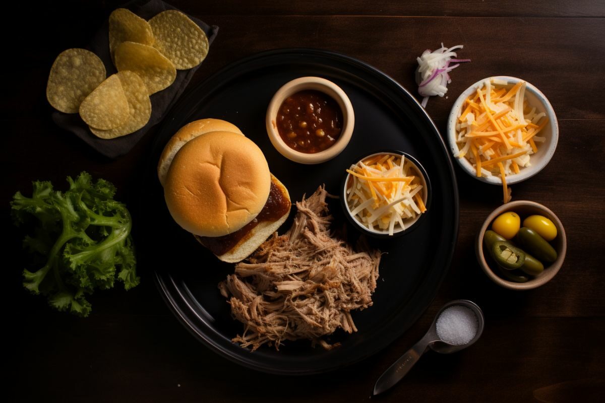 top view of ingredients for a pulled pork sandwich