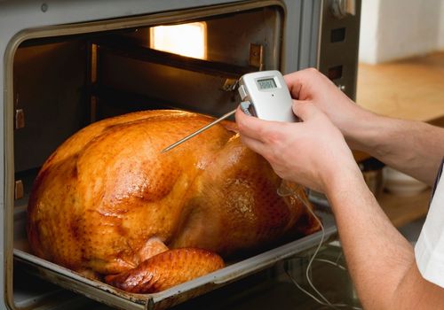 Turkey in oven with meat thermometer