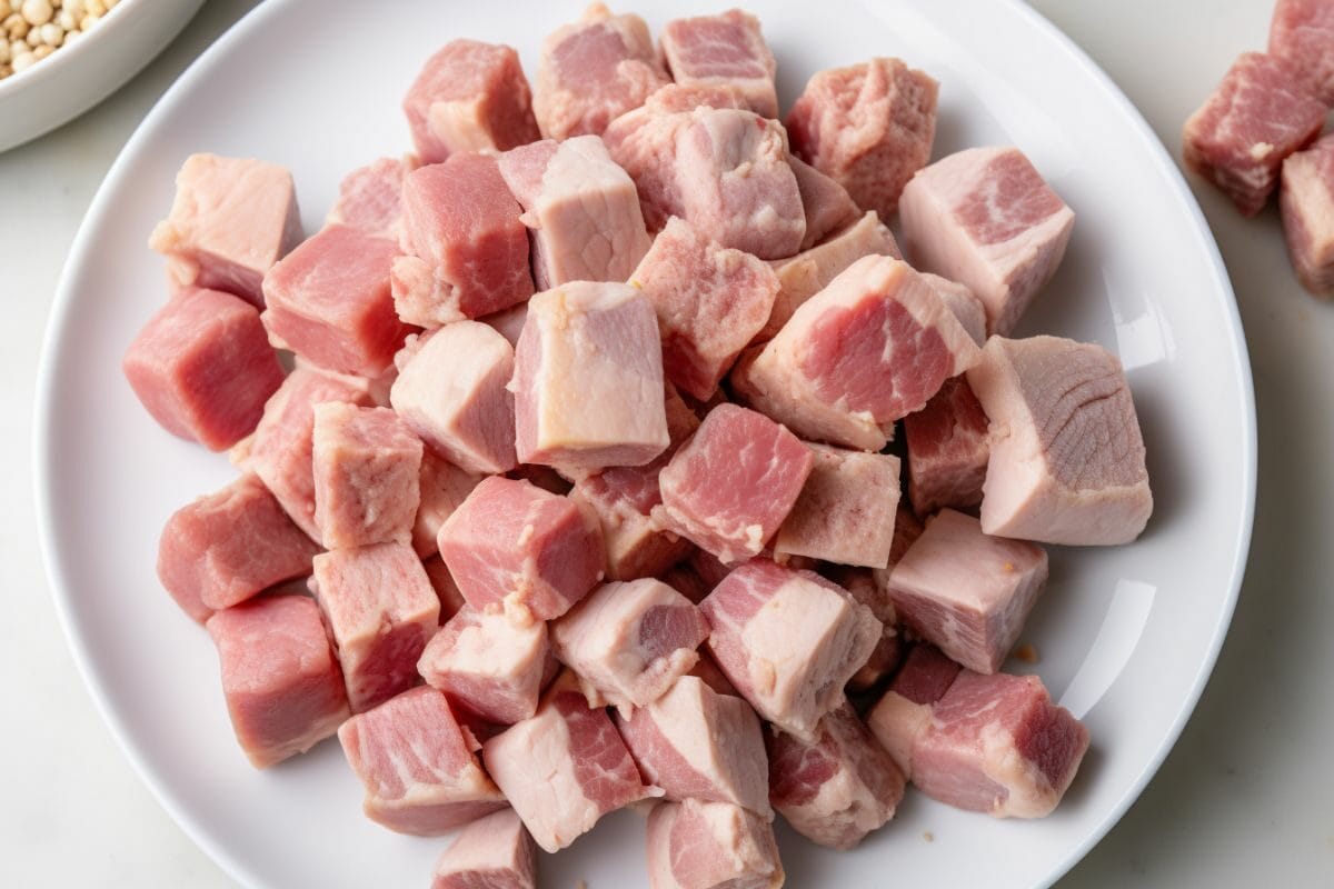 raw pork shoulder cubes on a plate