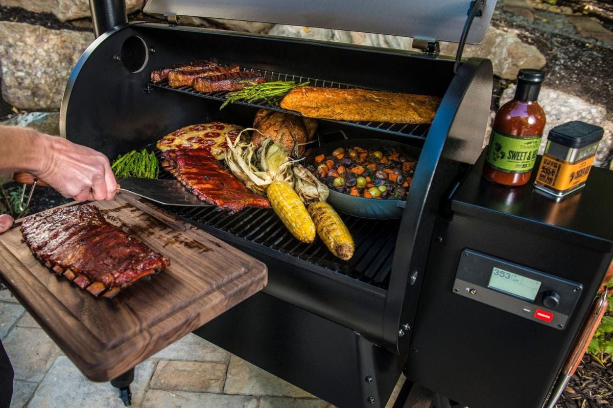 Meat and Veggies Grilling on Traeger Pro 575 grill