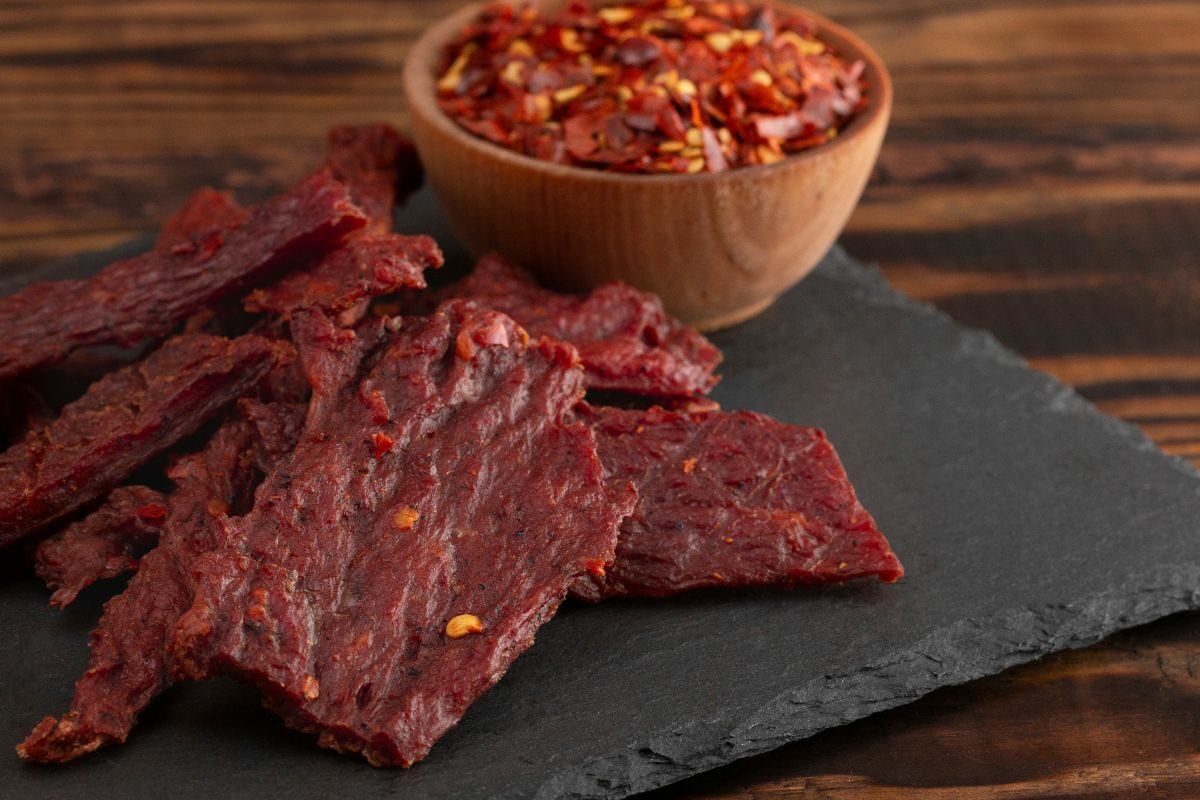 A Pile of Hot and Spicy Beef Jerky with Red Chili Flakes