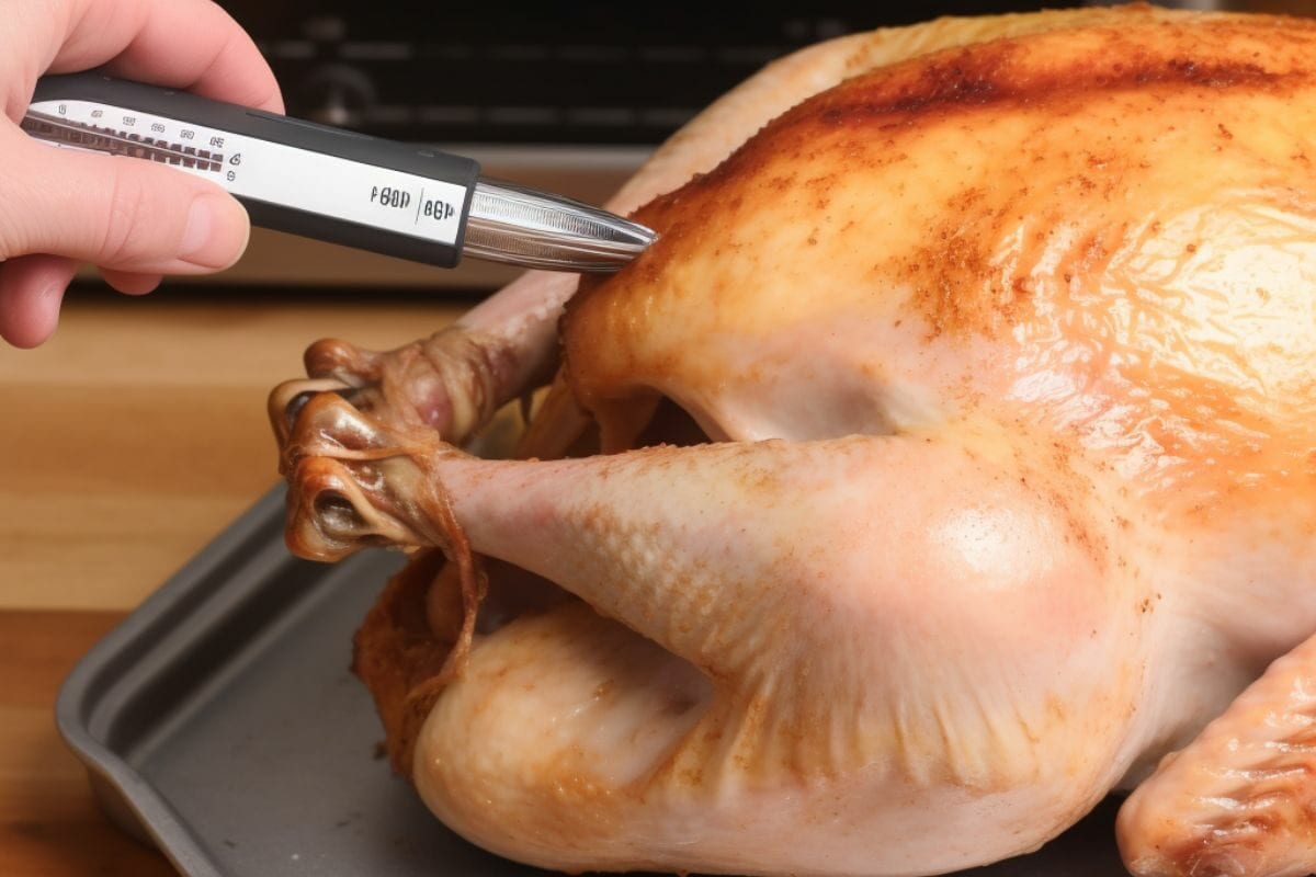 Woman Using Meat Thermometer to Check the Temperature of the Turkey Meat