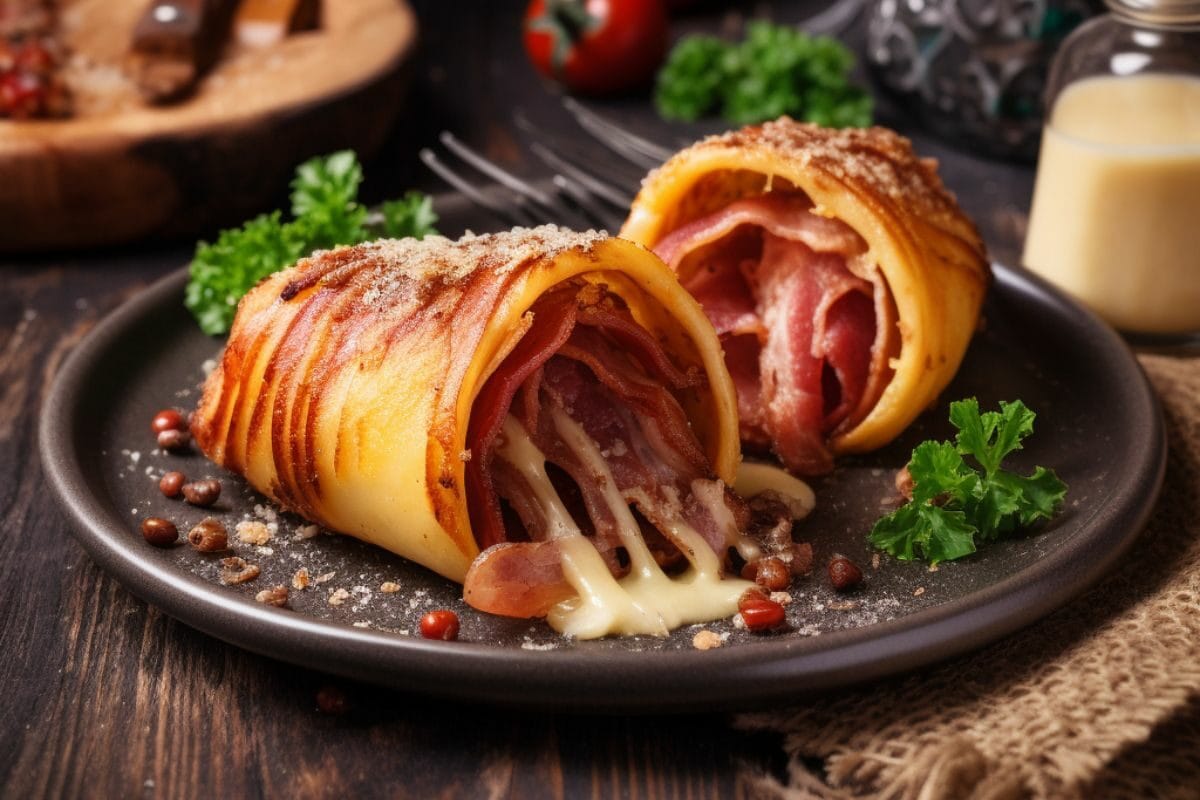 Beef and Cheese Stuffed Bacon Wrapped Roll on the Ceramic Plate