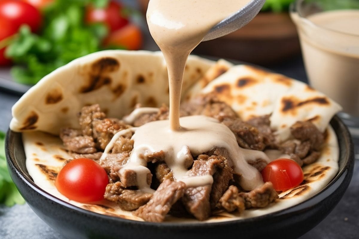 Pouring Spiced Donair Sauce on top of Tempered Chicken Wrap