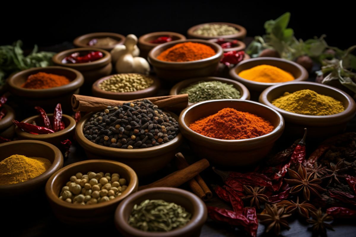 Large Array of Spices in Bowls