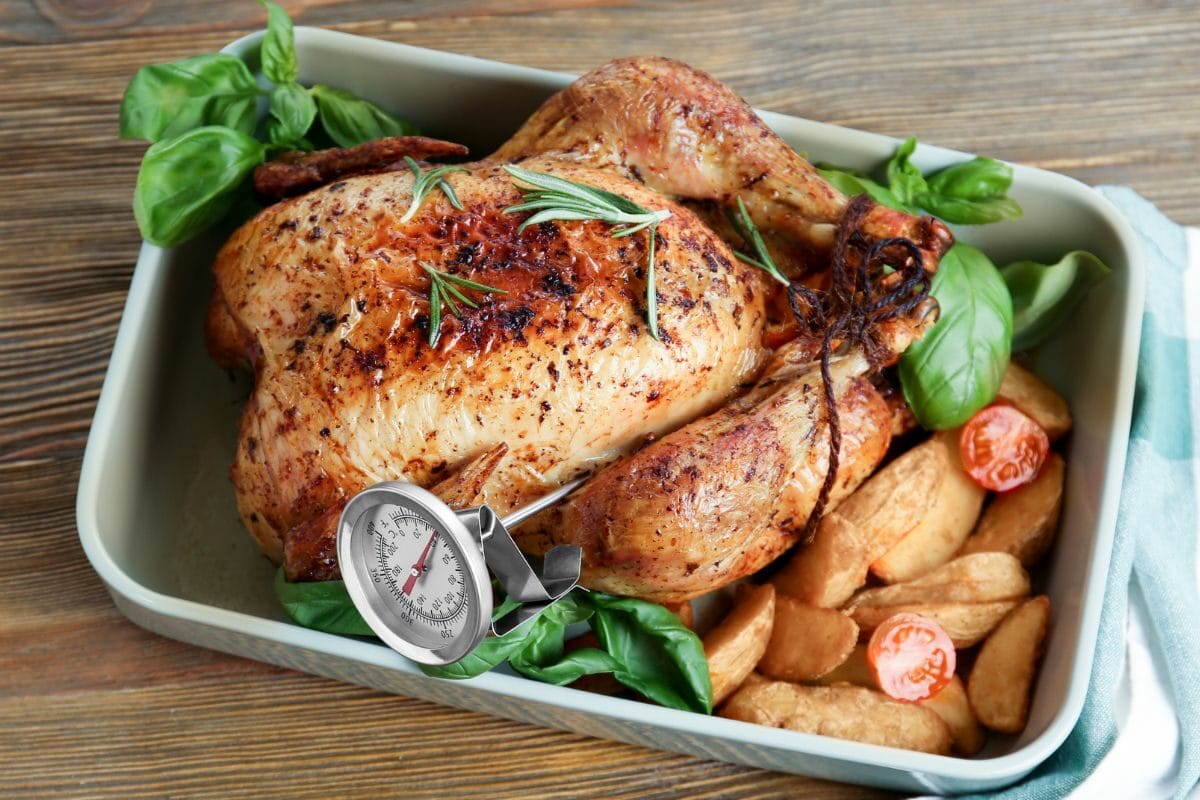 Roasted Turkey with Potatoes and Meat Thermometer