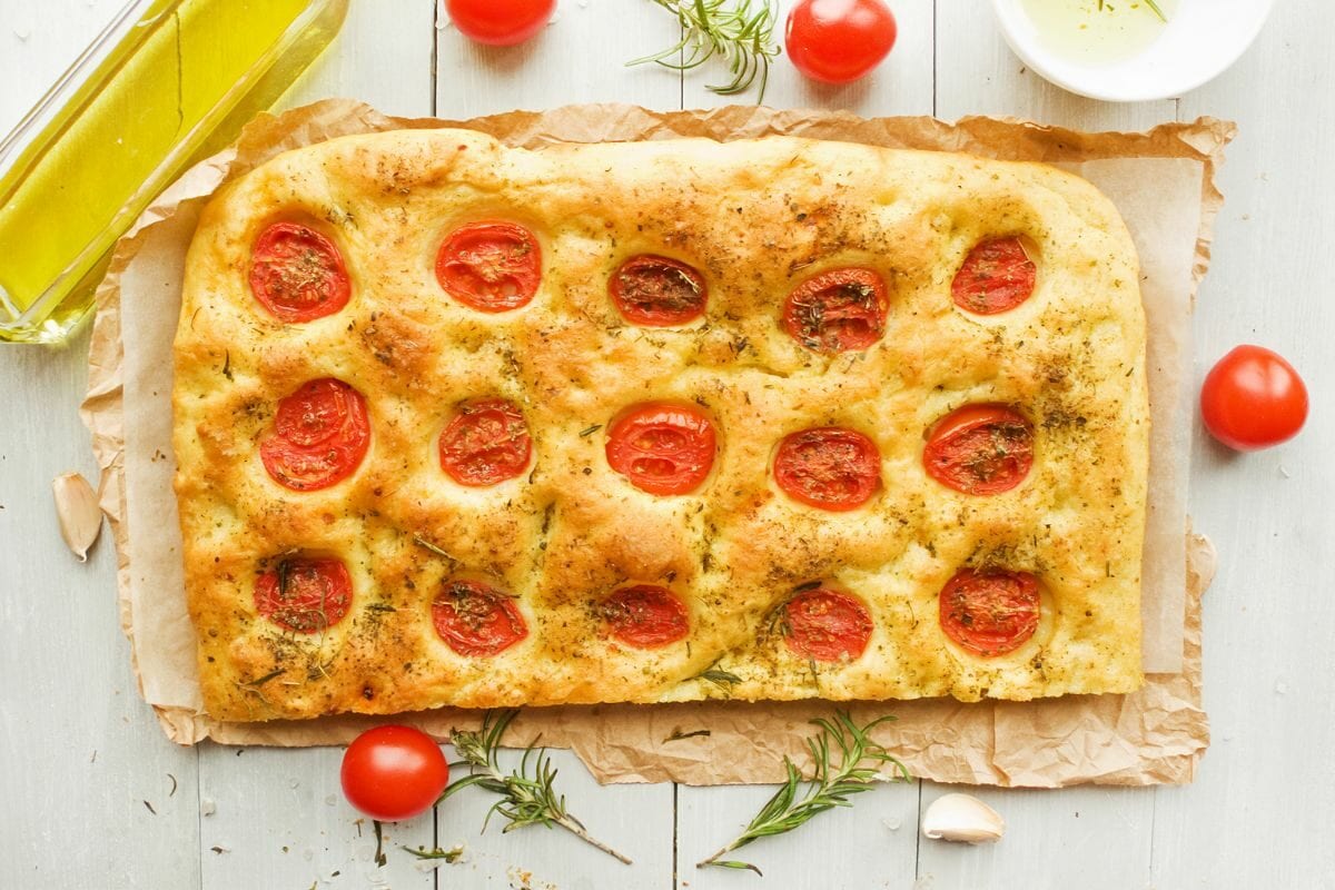 Italian Focaccia Bread With Rosemary, Garlic and Cherry Tomatoes